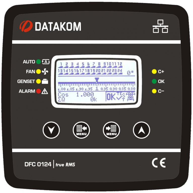 Datakom DFC-0124 PFC, 128x64 B&W disp,144x144mm, 12steps + RS485 + SVC 