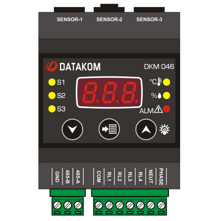 Datakom DATAKOM DKM-046 Temperature & Humidity Controller with display and relay outputs, DC power supply