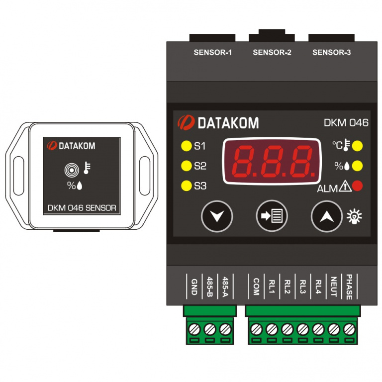 Datakom DATAKOM DKM-046 Temperature & Humidity Controller with display and relay outputs, DC power supply